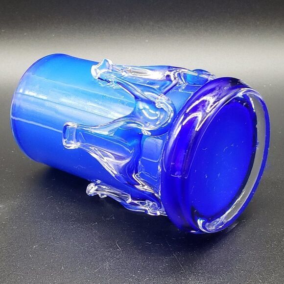 Murano Style Vintage Cobalt Blue White Cased Clear Rigaree Art Glass Vase - Picture 6 of 10